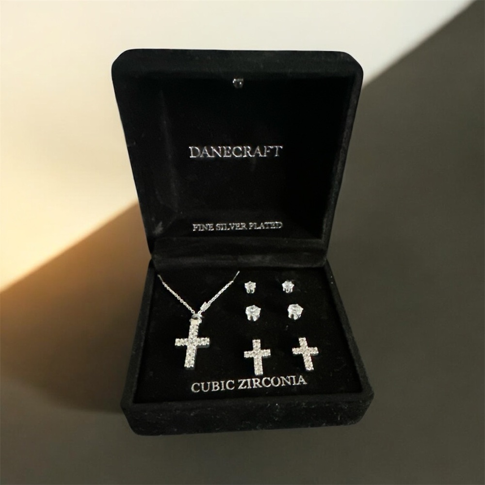 Craft Silver Cross Necklace with Cubic Zirconia Set